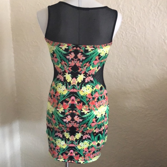 Yellow & Pink Floral Sheer Black Mesh Cutout Body Con Dress - Picture 6 of 8